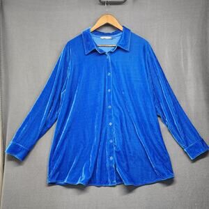 Soft Surroundings Top Women 2X Blue Velvet Long Sleeve Button Up Stretch Collar